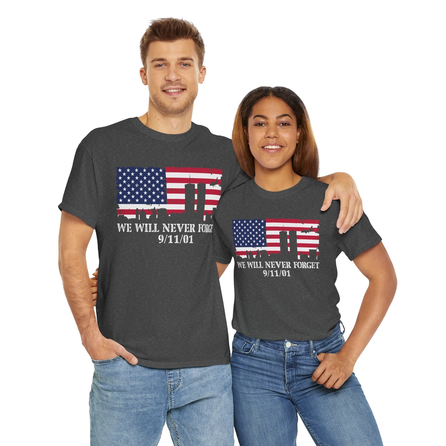 Patriotic Commemorative Tee - We Will Never Forget 9/11, Casual Wear, Memorial Day, Heroes Tribute, Unisex Cotton Shirt