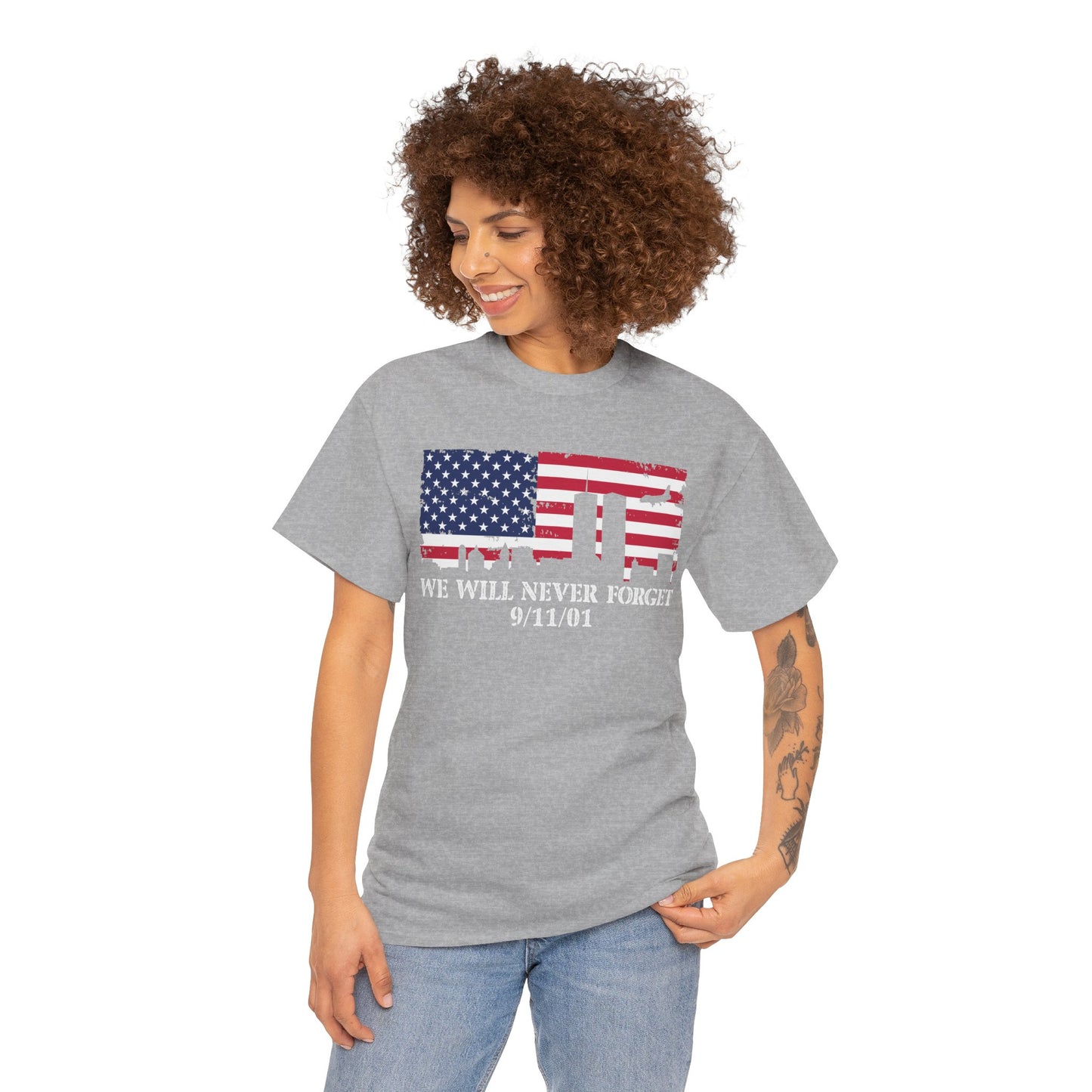 Patriotic Commemorative Tee - We Will Never Forget 9/11, Casual Wear, Memorial Day, Heroes Tribute, Unisex Cotton Shirt
