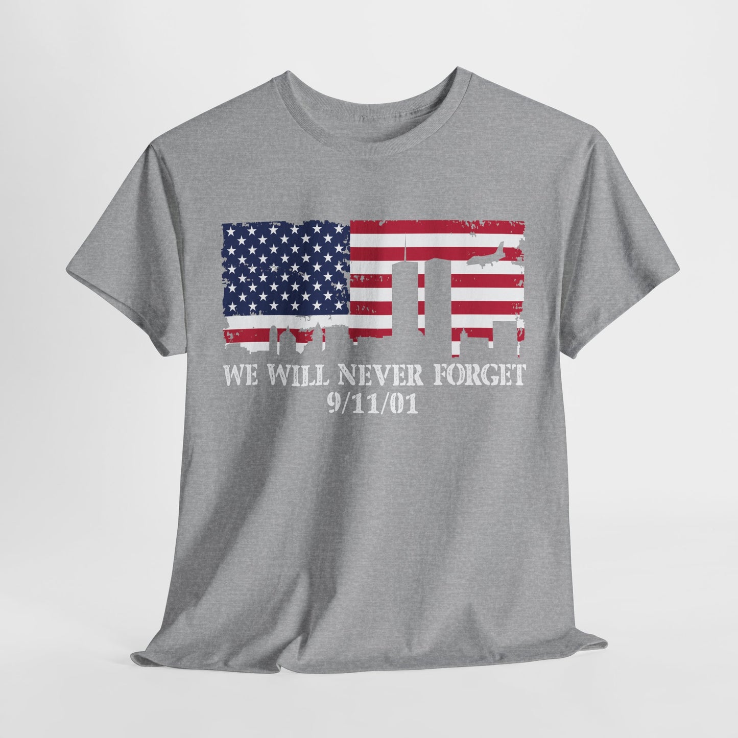 Patriotic Commemorative Tee - We Will Never Forget 9/11, Casual Wear, Memorial Day, Heroes Tribute, Unisex Cotton Shirt