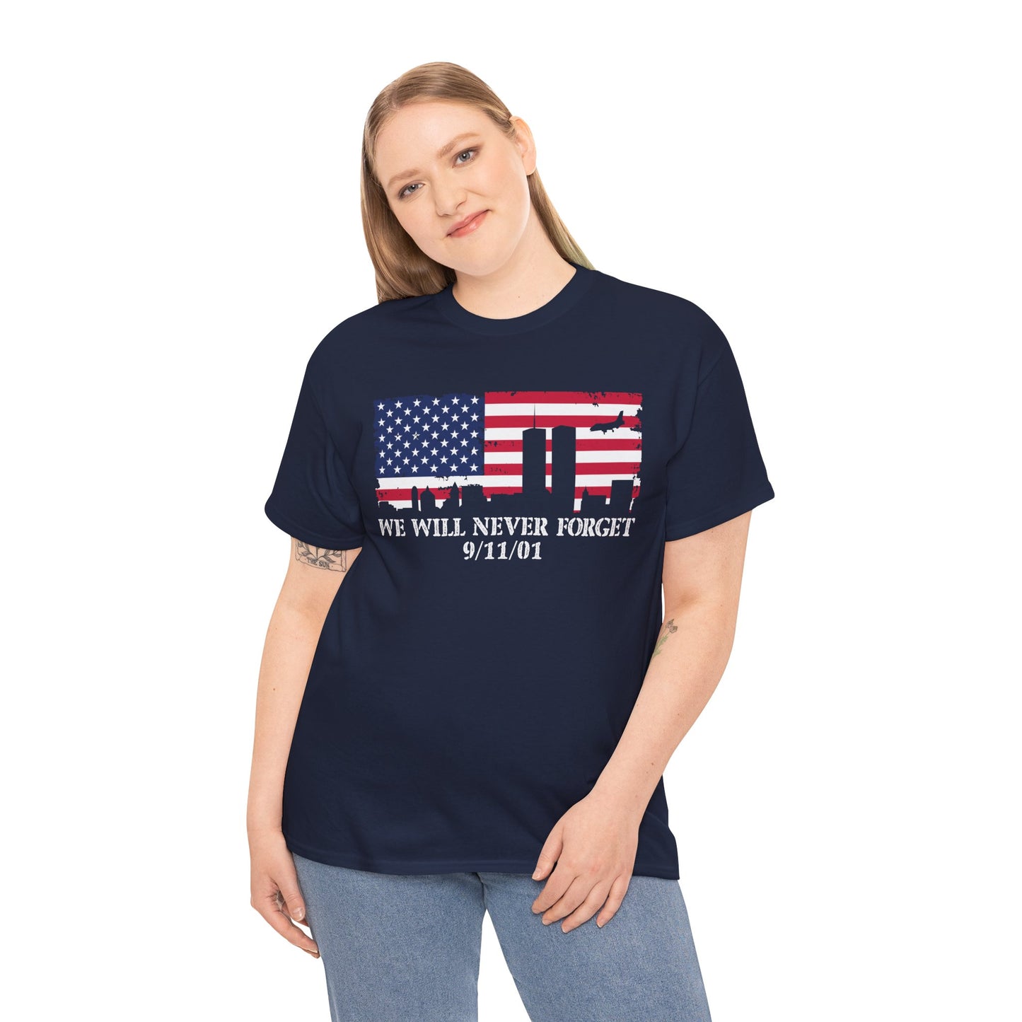 Patriotic Commemorative Tee - We Will Never Forget 9/11, Casual Wear, Memorial Day, Heroes Tribute, Unisex Cotton Shirt