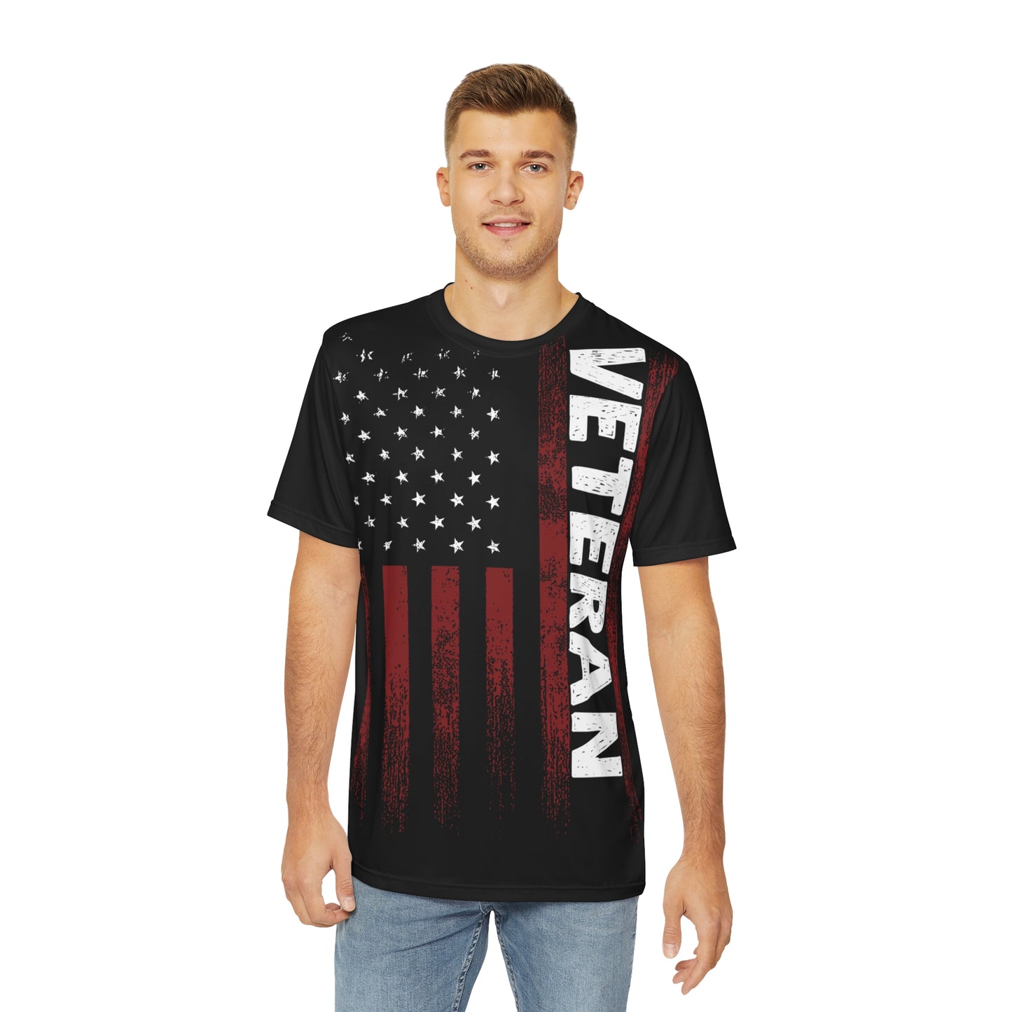 Men's Polyester Tee (AOP) with American Flag and "VETERAN" Design