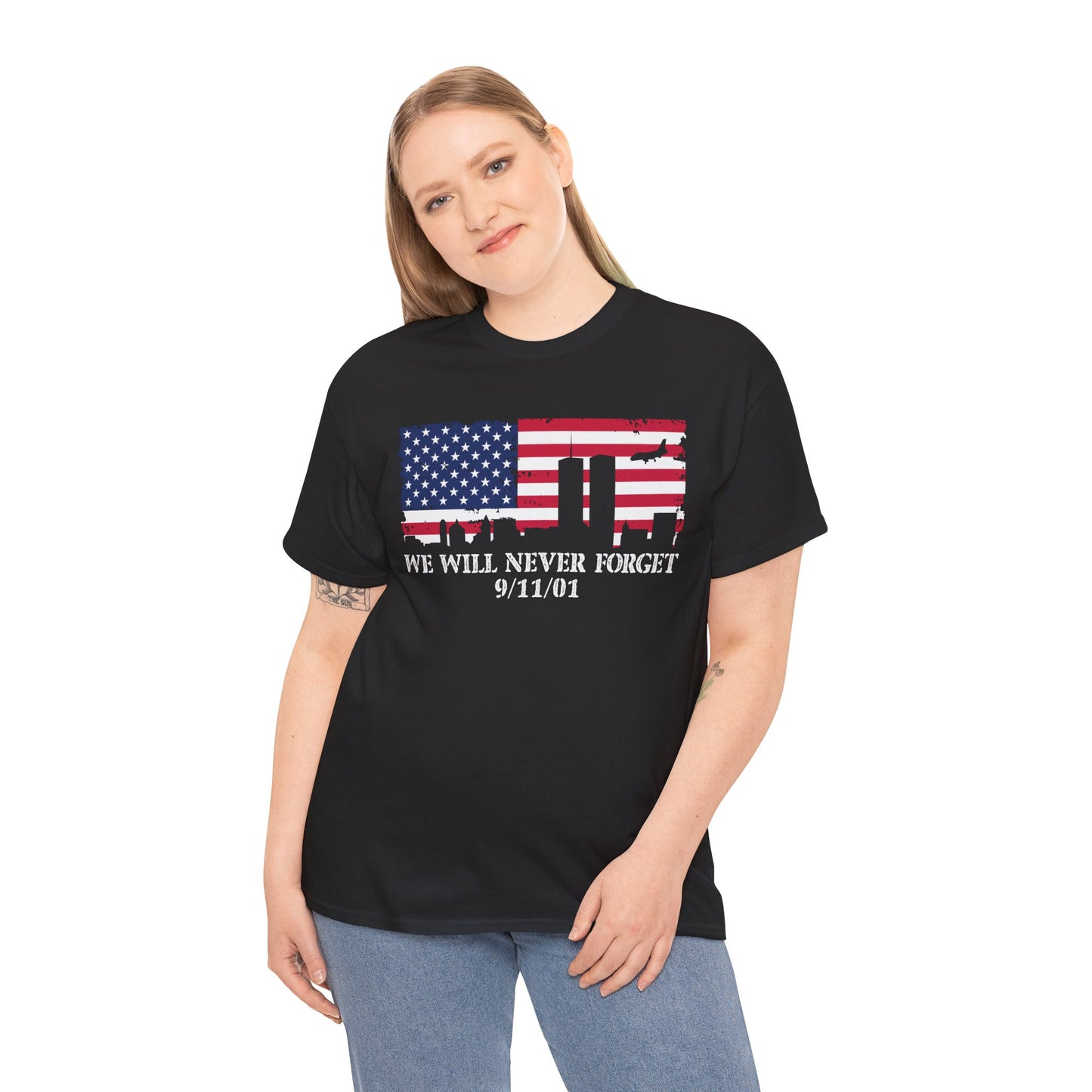 Patriotic Commemorative Tee - We Will Never Forget 9/11, Casual Wear, Memorial Day, Heroes Tribute, Unisex Cotton Shirt