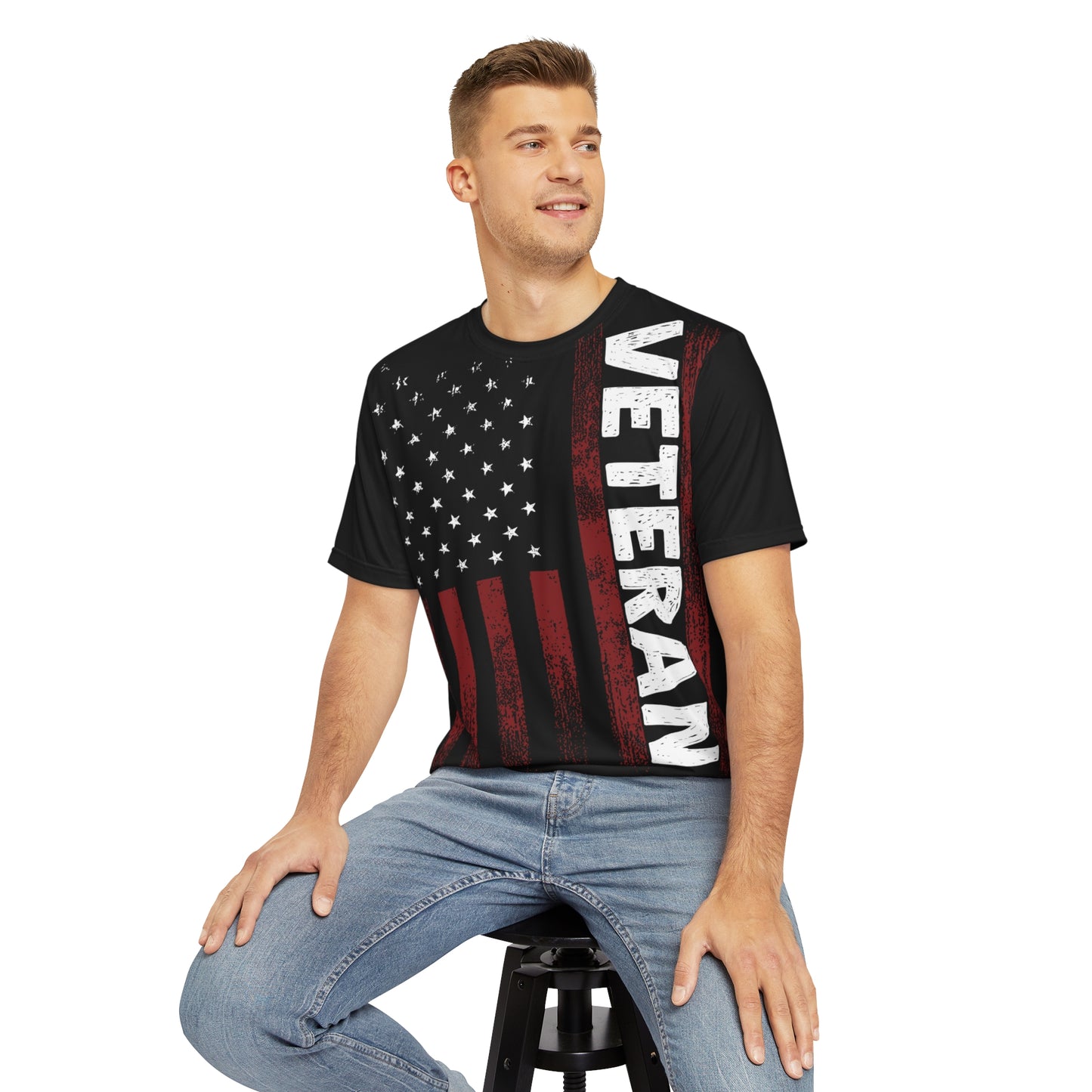Men's Polyester Tee (AOP) with American Flag and "VETERAN" Design