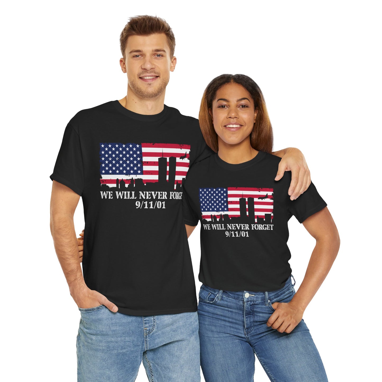 Patriotic Commemorative Tee - We Will Never Forget 9/11, Casual Wear, Memorial Day, Heroes Tribute, Unisex Cotton Shirt