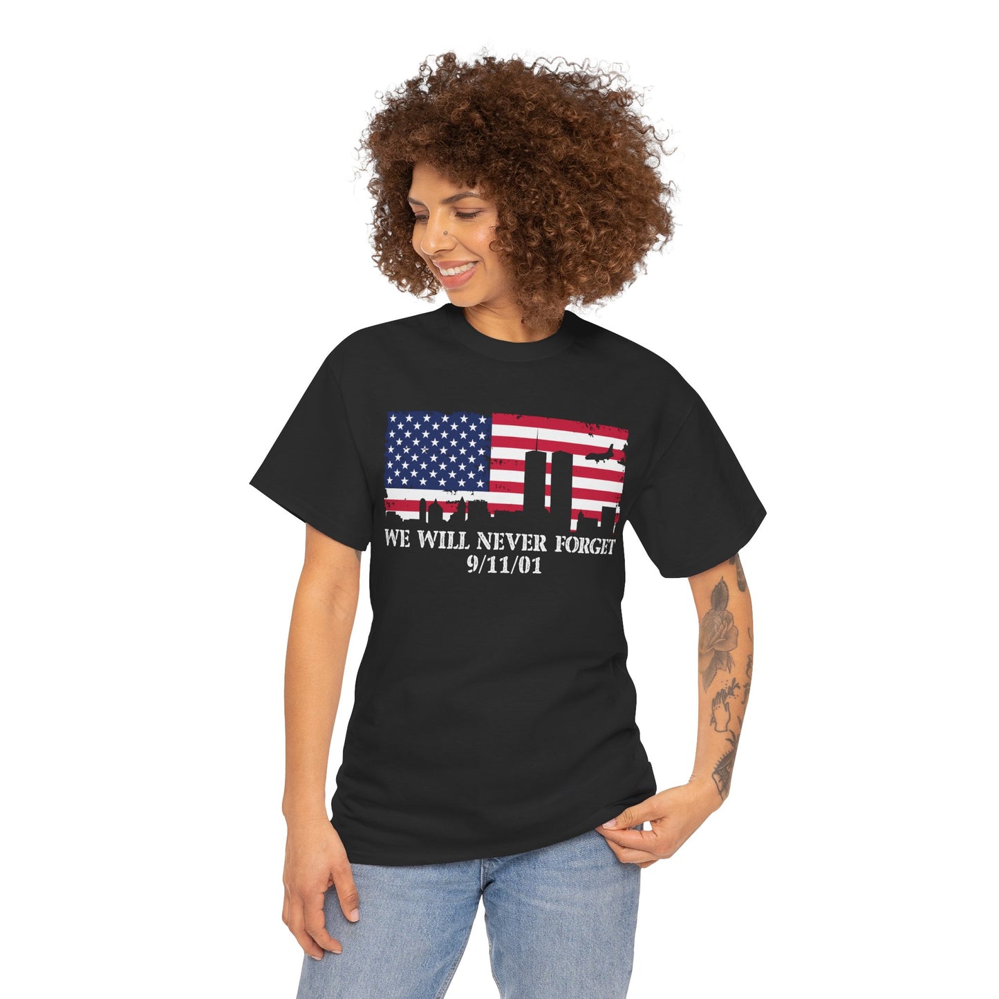 Patriotic Commemorative Tee - We Will Never Forget 9/11, Casual Wear, Memorial Day, Heroes Tribute, Unisex Cotton Shirt