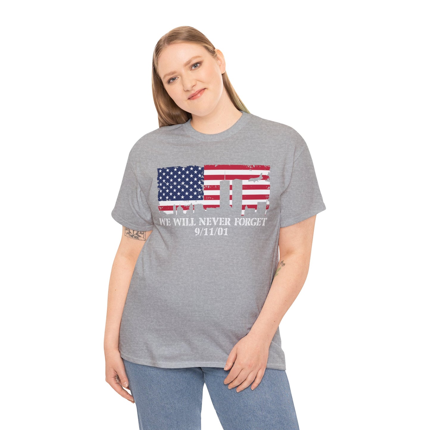 Patriotic Commemorative Tee - We Will Never Forget 9/11, Casual Wear, Memorial Day, Heroes Tribute, Unisex Cotton Shirt