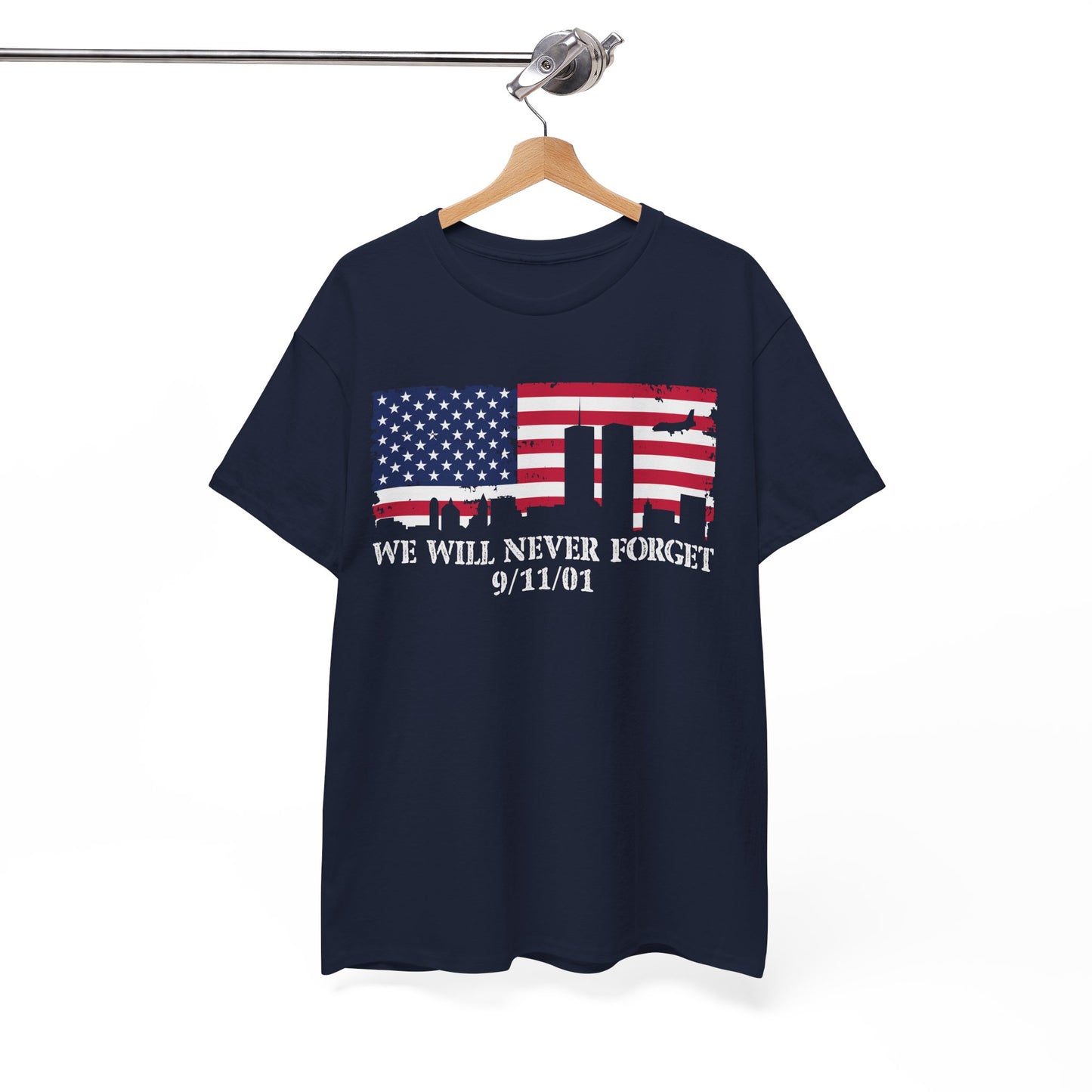 Patriotic Commemorative Tee - We Will Never Forget 9/11, Casual Wear, Memorial Day, Heroes Tribute, Unisex Cotton Shirt