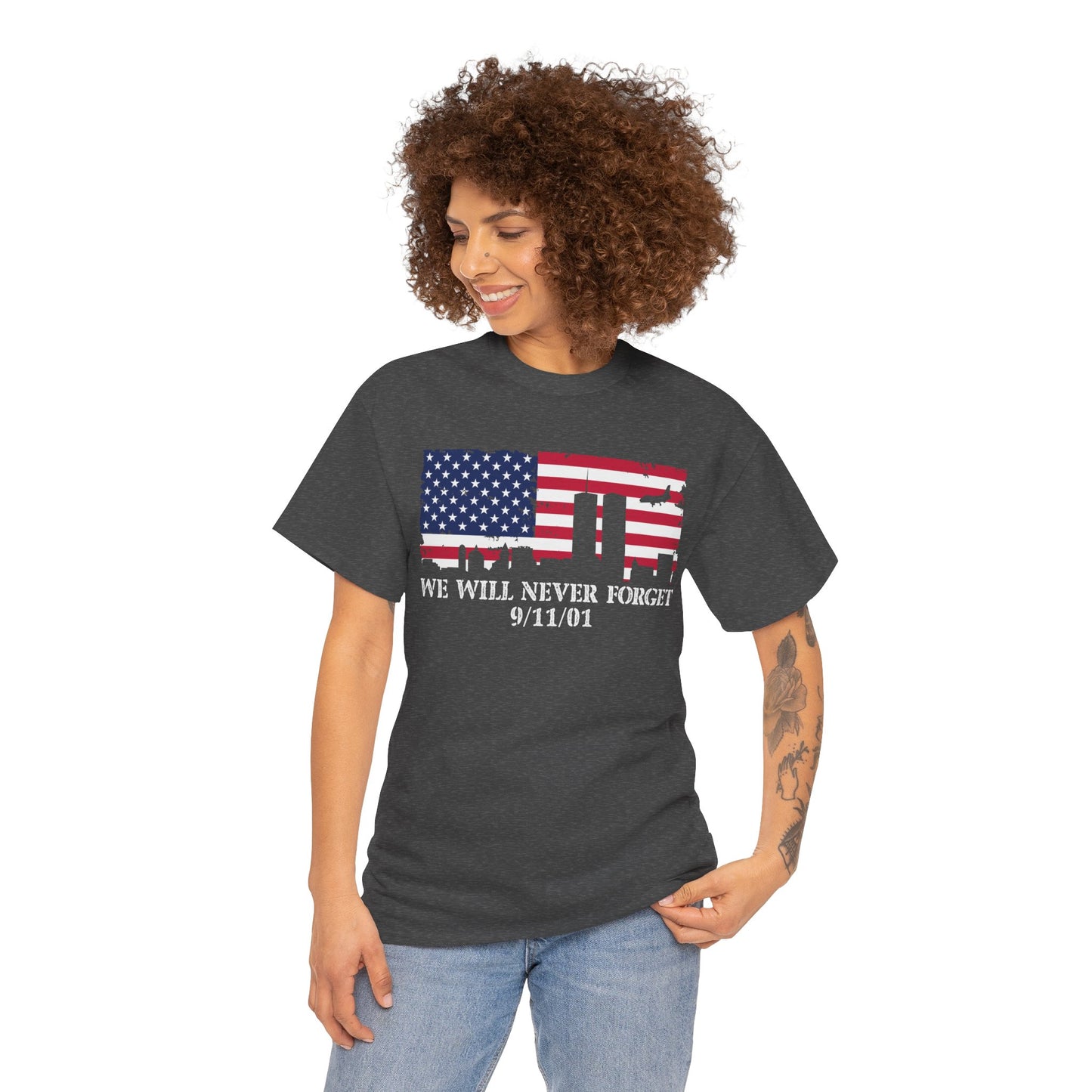 Patriotic Commemorative Tee - We Will Never Forget 9/11, Casual Wear, Memorial Day, Heroes Tribute, Unisex Cotton Shirt