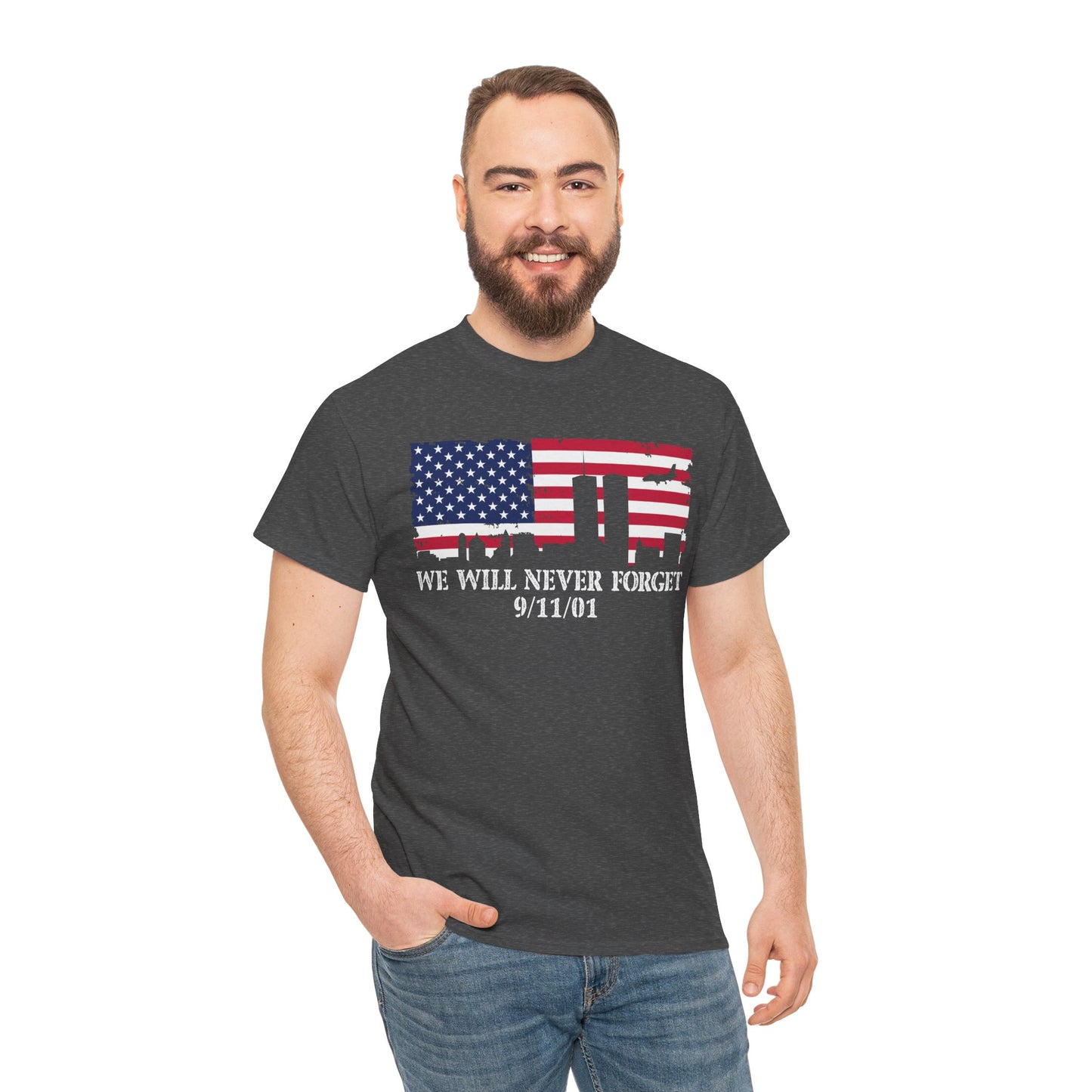 Patriotic Commemorative Tee - We Will Never Forget 9/11, Casual Wear, Memorial Day, Heroes Tribute, Unisex Cotton Shirt