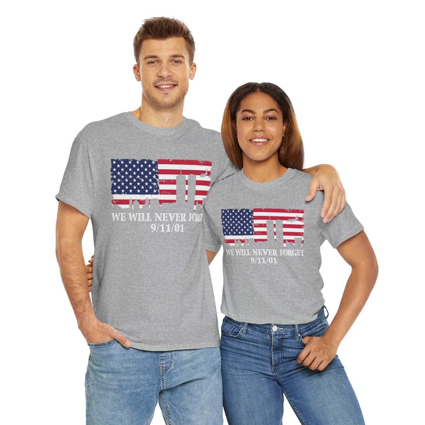 Patriotic Commemorative Tee - We Will Never Forget 9/11, Casual Wear, Memorial Day, Heroes Tribute, Unisex Cotton Shirt