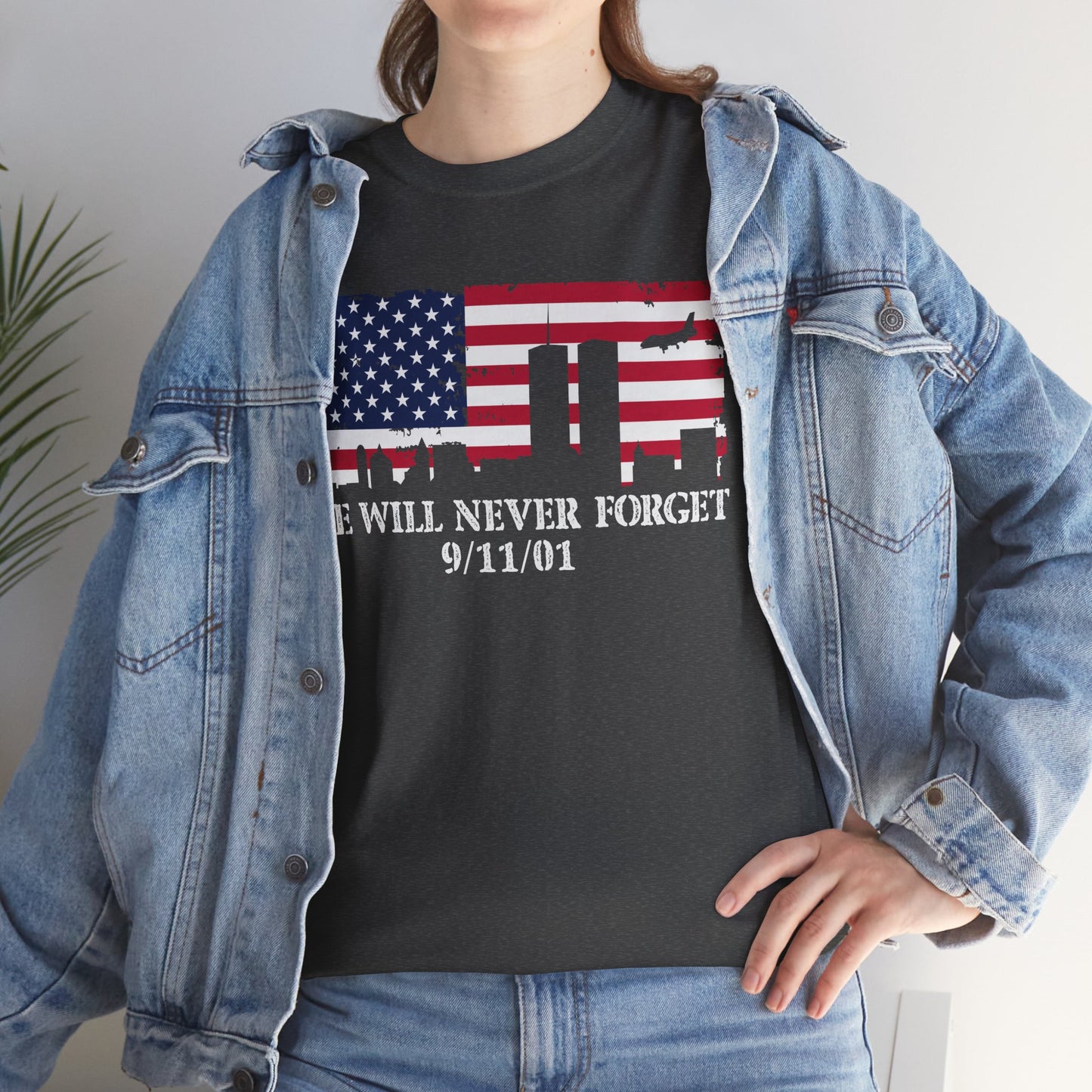 Patriotic Commemorative Tee - We Will Never Forget 9/11, Casual Wear, Memorial Day, Heroes Tribute, Unisex Cotton Shirt