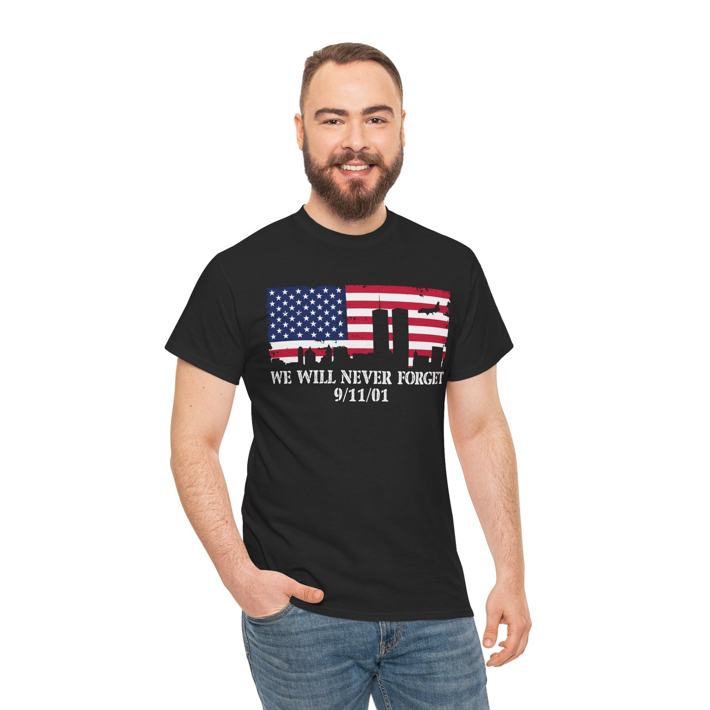 Patriotic Commemorative Tee - We Will Never Forget 9/11, Casual Wear, Memorial Day, Heroes Tribute, Unisex Cotton Shirt