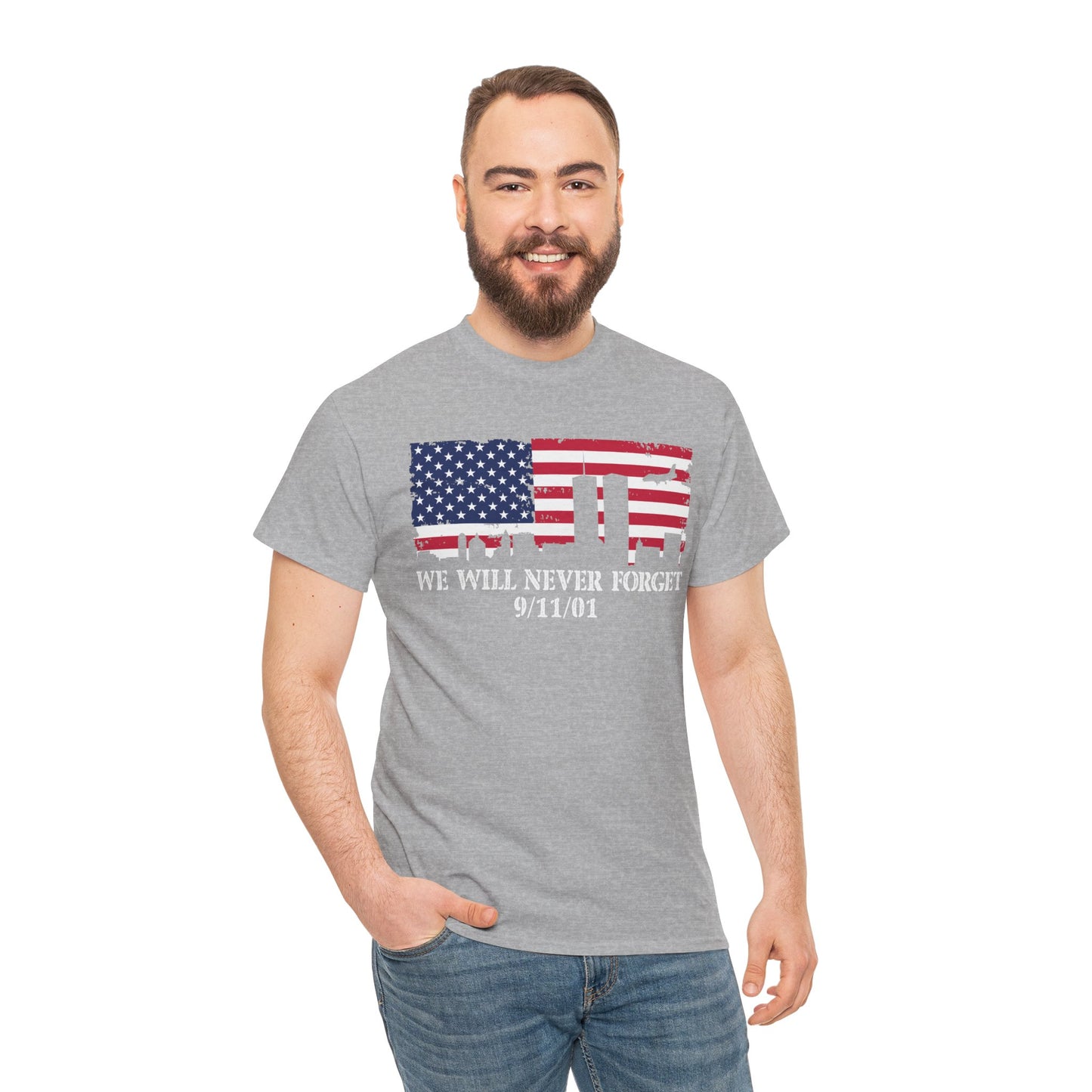 Patriotic Commemorative Tee - We Will Never Forget 9/11, Casual Wear, Memorial Day, Heroes Tribute, Unisex Cotton Shirt
