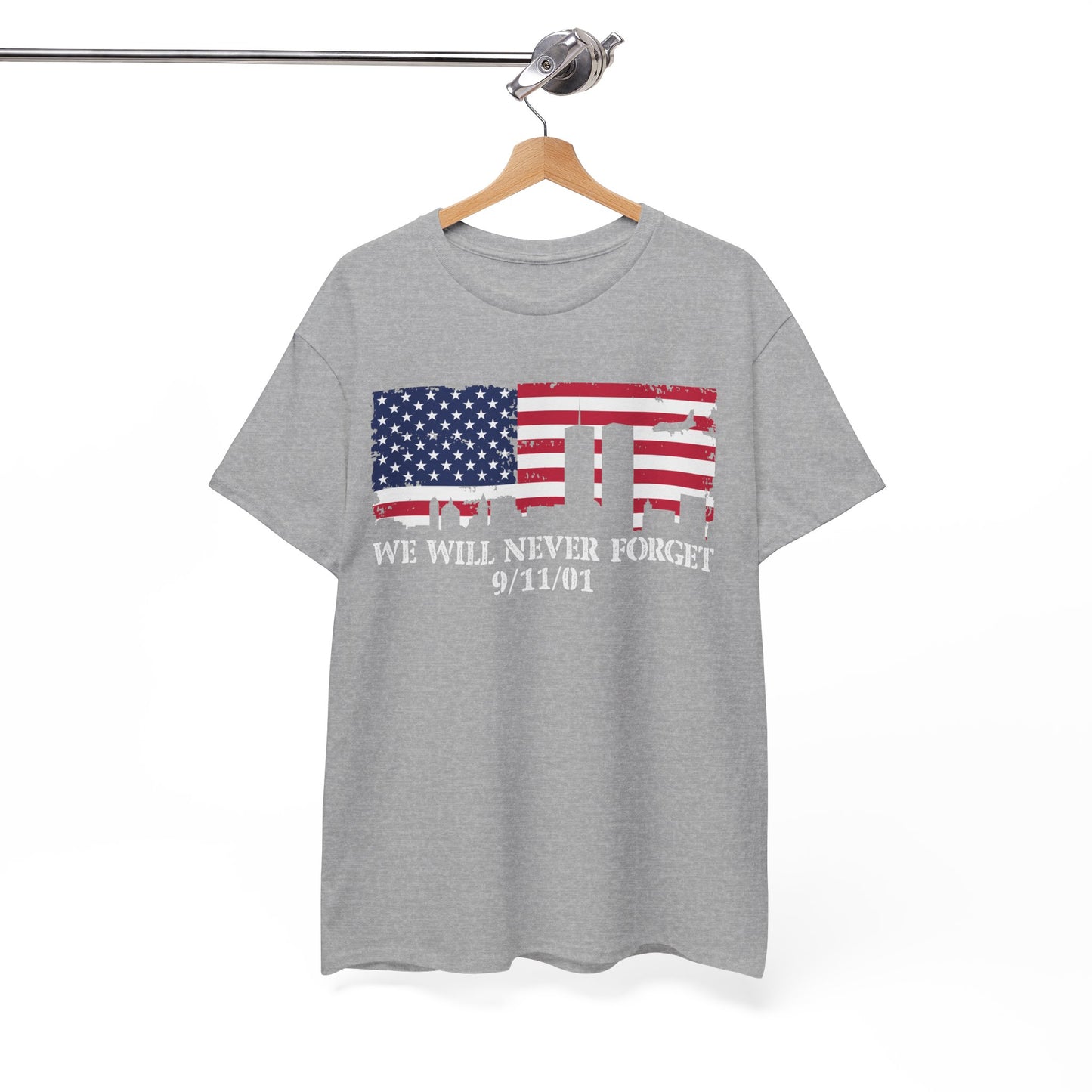 Patriotic Commemorative Tee - We Will Never Forget 9/11, Casual Wear, Memorial Day, Heroes Tribute, Unisex Cotton Shirt