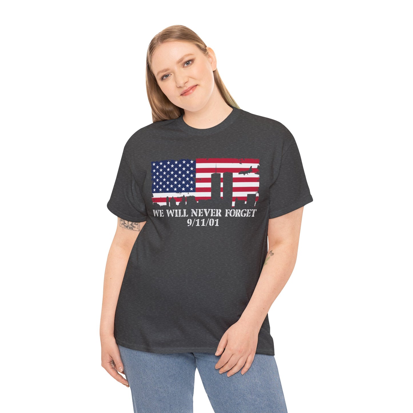 Patriotic Commemorative Tee - We Will Never Forget 9/11, Casual Wear, Memorial Day, Heroes Tribute, Unisex Cotton Shirt