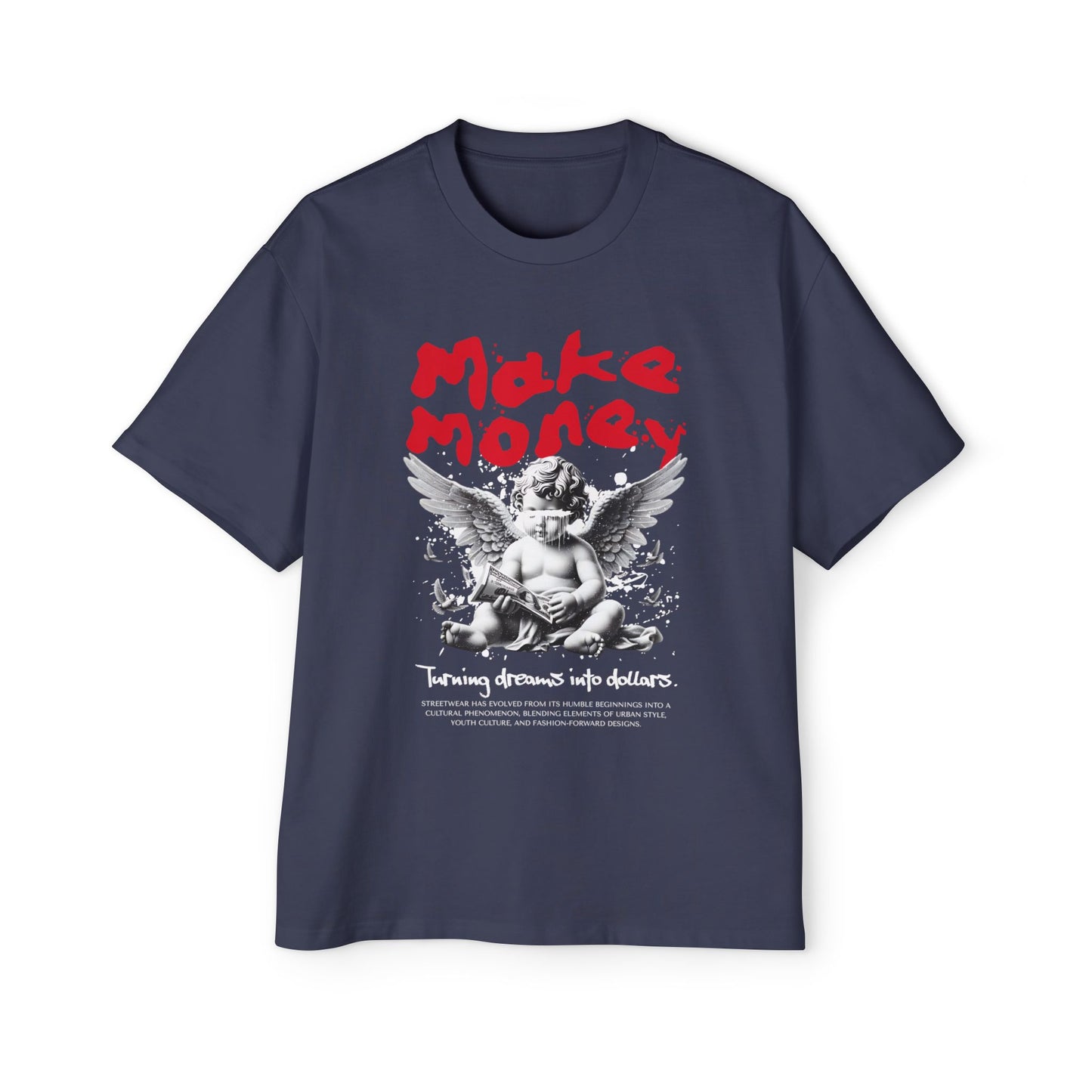 Oversized Tee with Angel Graphic, Make Money Tee, Casual Streetwear, Gift for Him, Comfortable Graphic Shirt