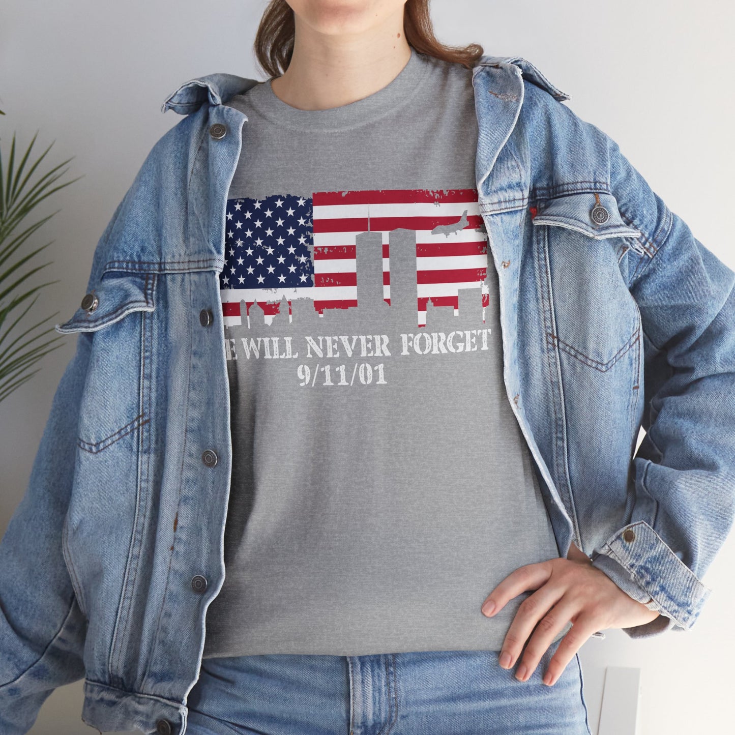 Patriotic Commemorative Tee - We Will Never Forget 9/11, Casual Wear, Memorial Day, Heroes Tribute, Unisex Cotton Shirt