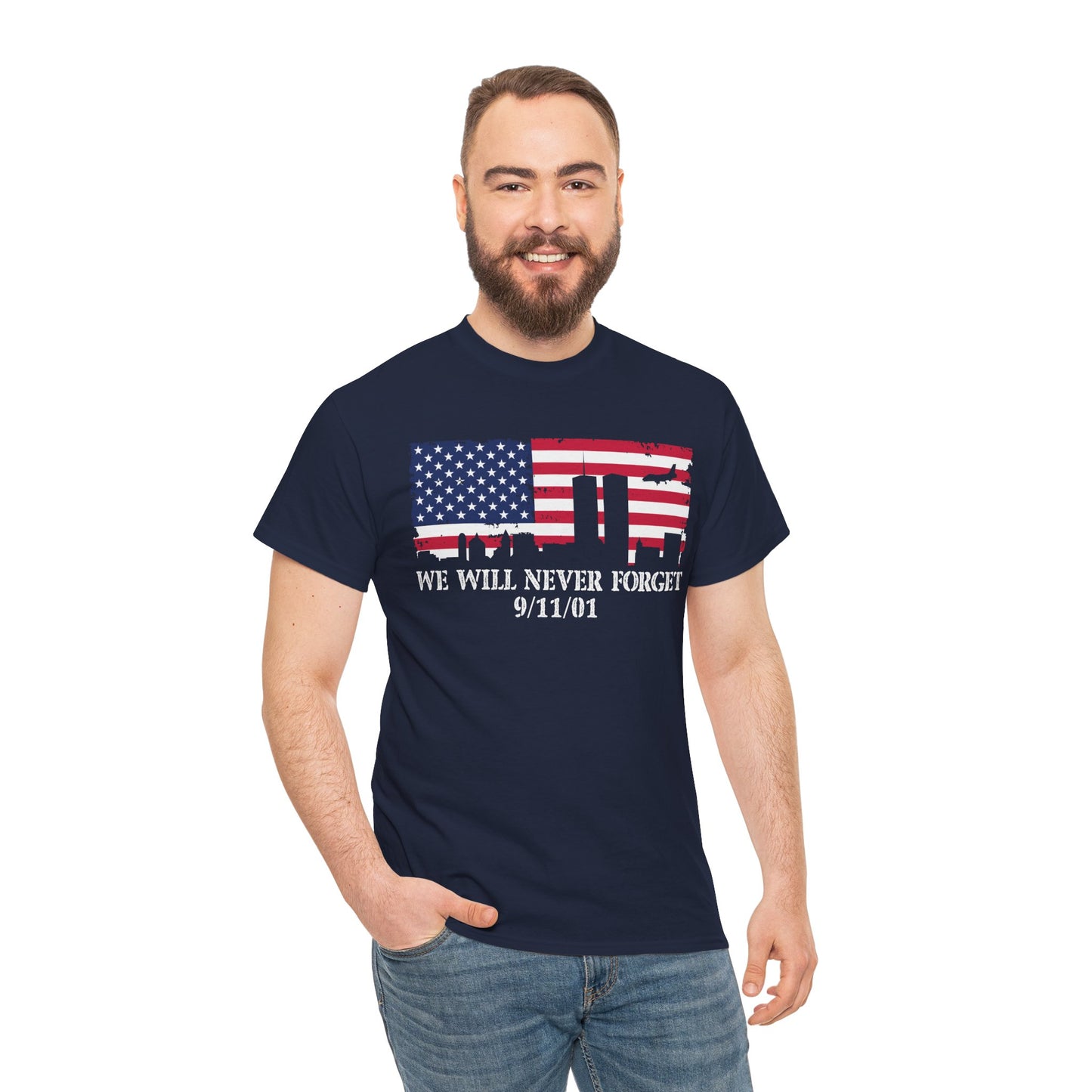 Patriotic Commemorative Tee - We Will Never Forget 9/11, Casual Wear, Memorial Day, Heroes Tribute, Unisex Cotton Shirt