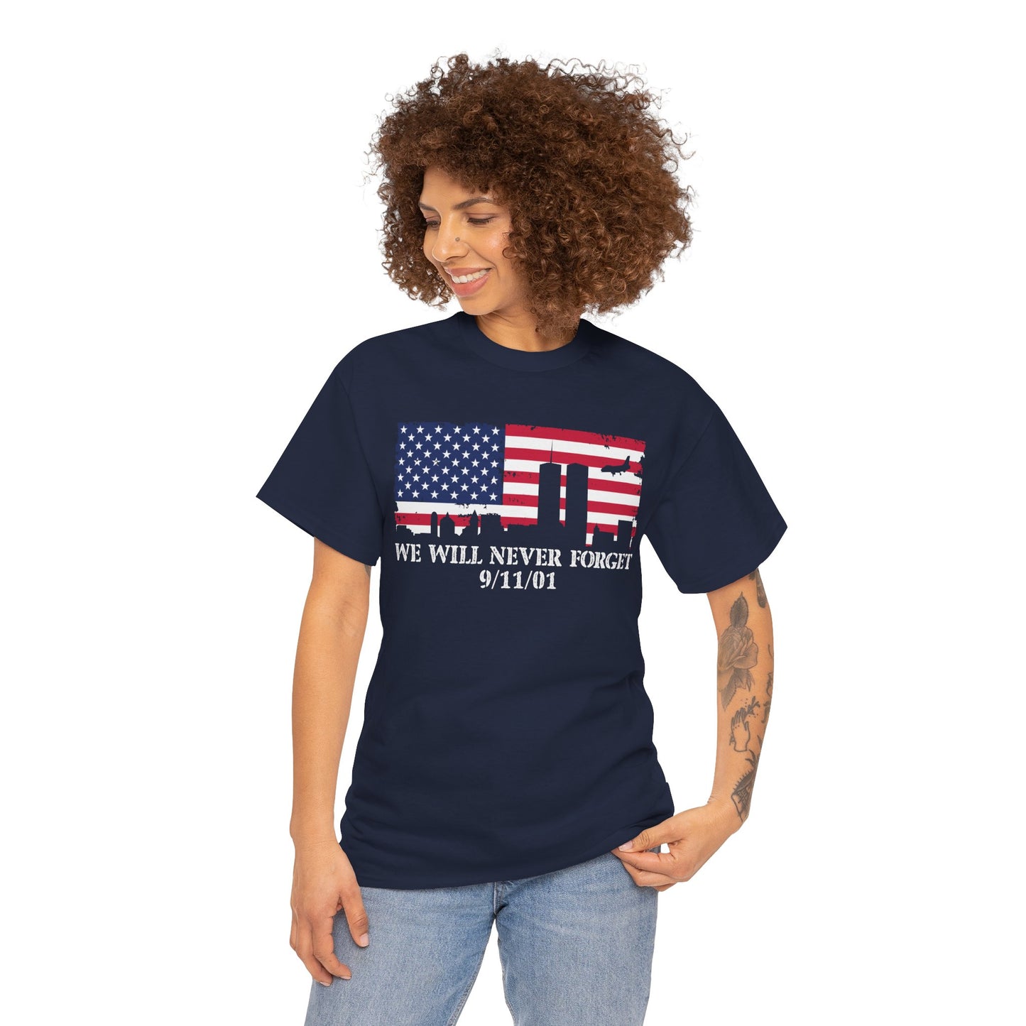 Patriotic Commemorative Tee - We Will Never Forget 9/11, Casual Wear, Memorial Day, Heroes Tribute, Unisex Cotton Shirt