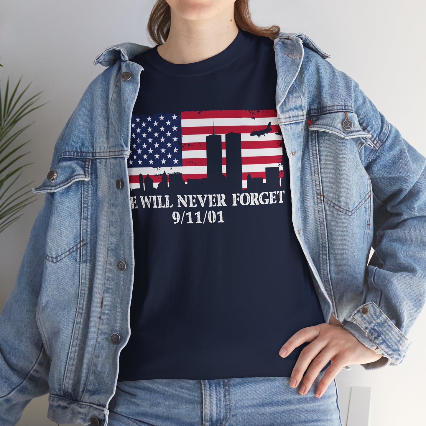 Patriotic Commemorative Tee - We Will Never Forget 9/11, Casual Wear, Memorial Day, Heroes Tribute, Unisex Cotton Shirt
