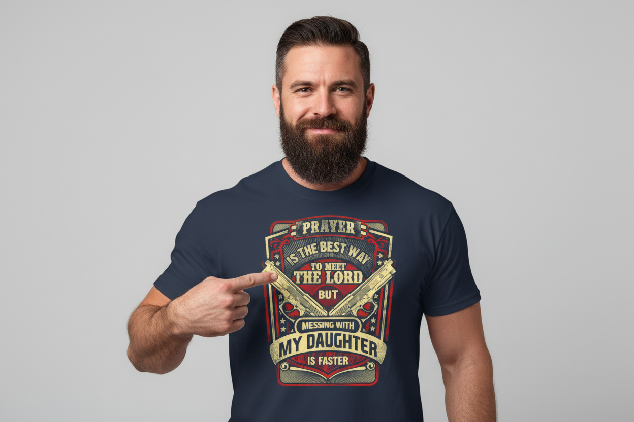 Protective Dad T-Shirt - Prayer is the best way to meet the Lord but messing with my daughter is faster