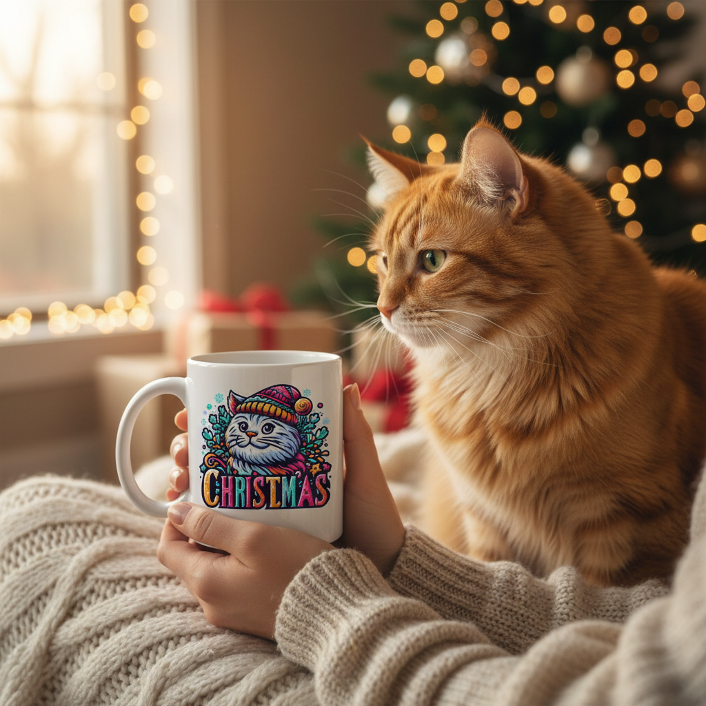 Festive Christmas Cat 11oz White Mug