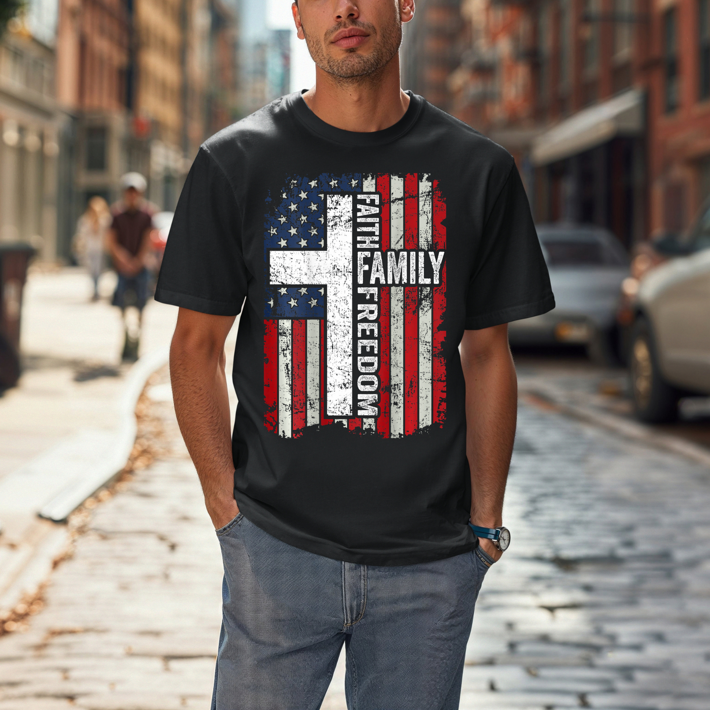 Distressed American Flag Faith Family Freedom T-Shirt