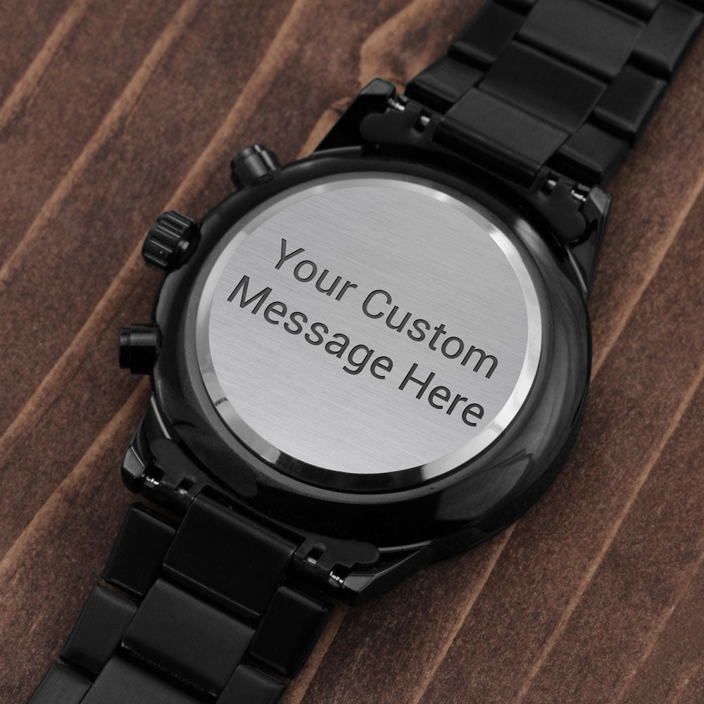 Custom Engraved Black Chronograph Watch in Luxury Box