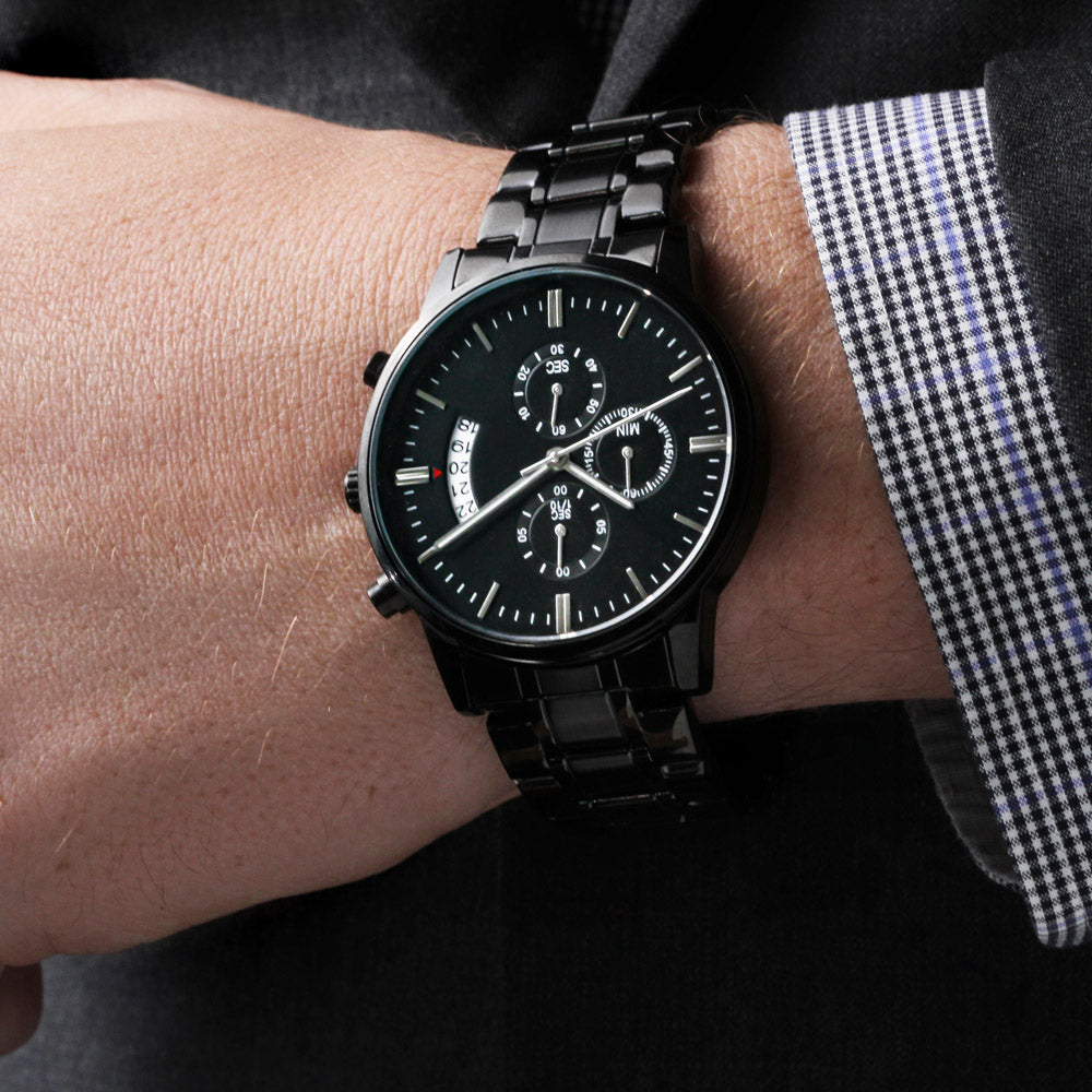Custom Engraved Black Chronograph Watch in Luxury Box