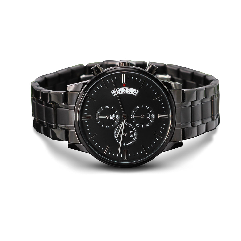 Custom Engraved Black Chronograph Watch in Luxury Box