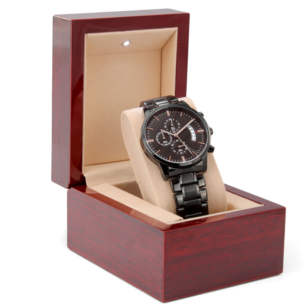 Custom Engraved Black Chronograph Watch in Luxury Box