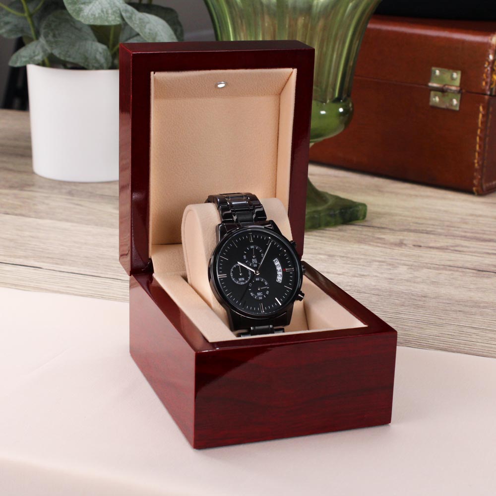 Custom Engraved Black Chronograph Watch in Luxury Box
