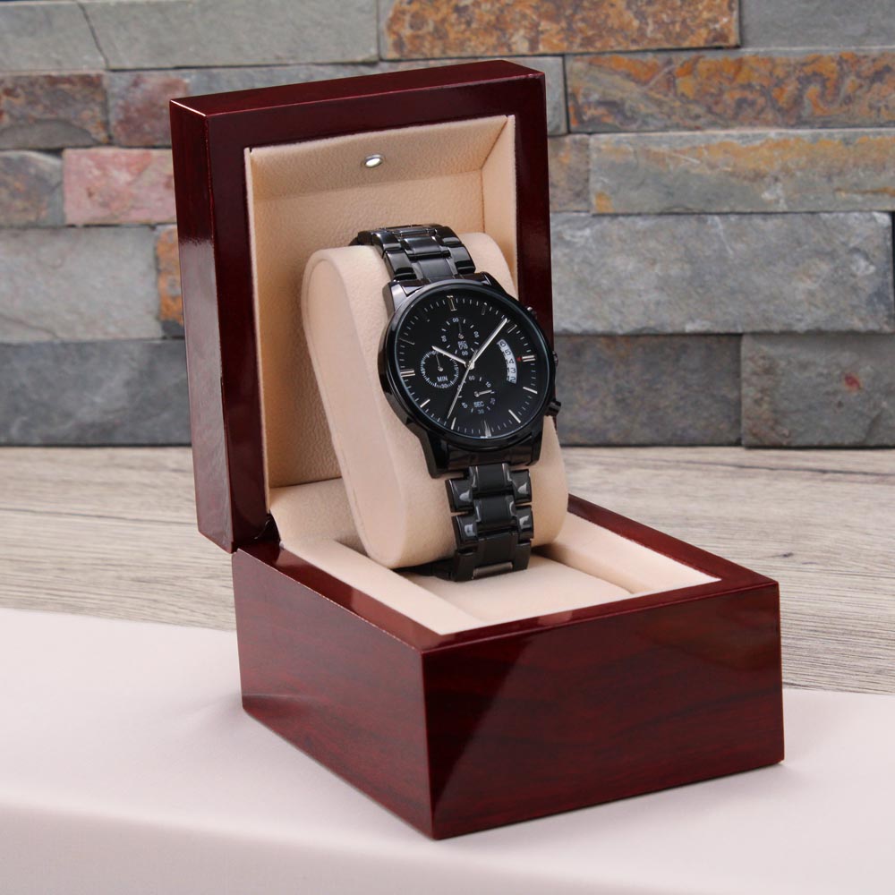 Custom Engraved Black Chronograph Watch in Luxury Box