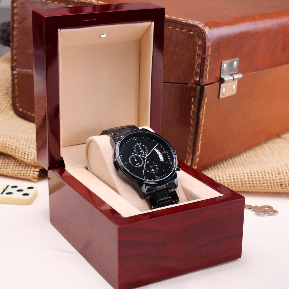 Custom Engraved Black Chronograph Watch in Luxury Box