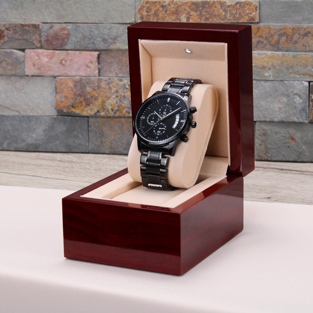Custom Engraved Black Chronograph Watch in Luxury Box