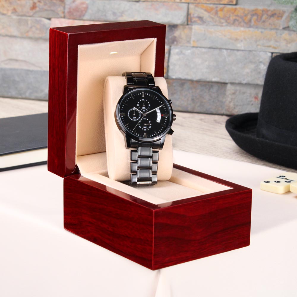 Custom Engraved Black Chronograph Watch in Luxury Box