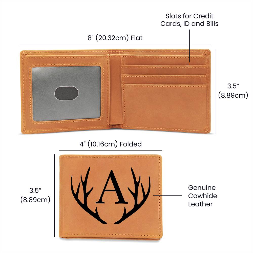 Wildlife Charm: Personalized Leather Wallet with Antler Accent and Printed Graphic Initial