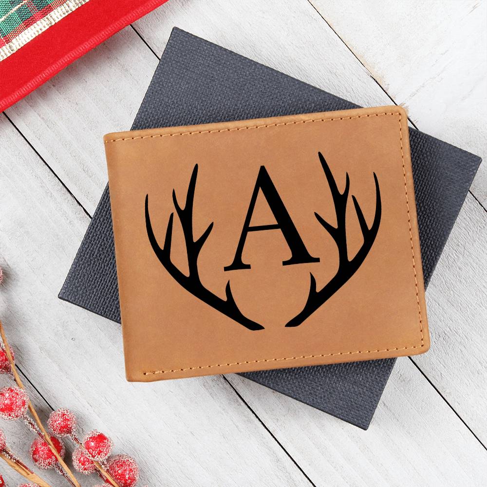 Wildlife Charm: Personalized Leather Wallet with Antler Accent and Printed Graphic Initial