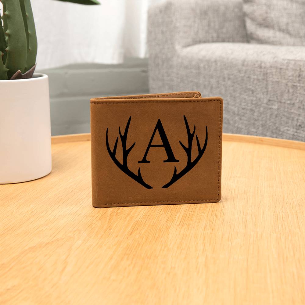 Wildlife Charm: Personalized Leather Wallet with Antler Accent and Printed Graphic Initial