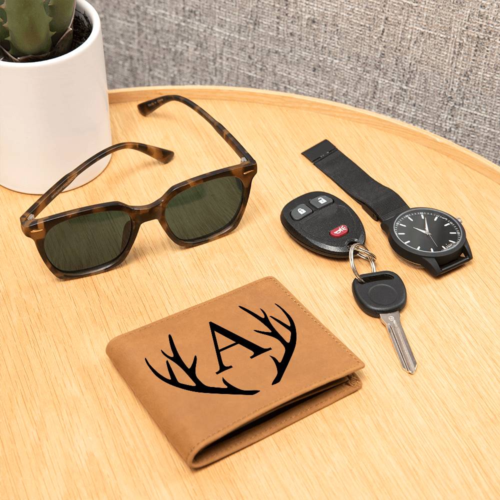 Wildlife Charm: Personalized Leather Wallet with Antler Accent and Printed Graphic Initial