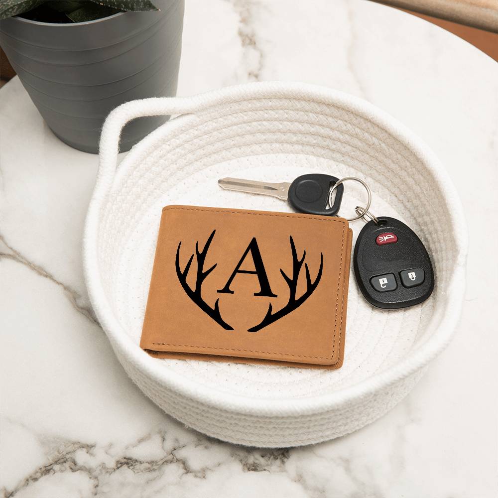 Wildlife Charm: Personalized Leather Wallet with Antler Accent and Printed Graphic Initial