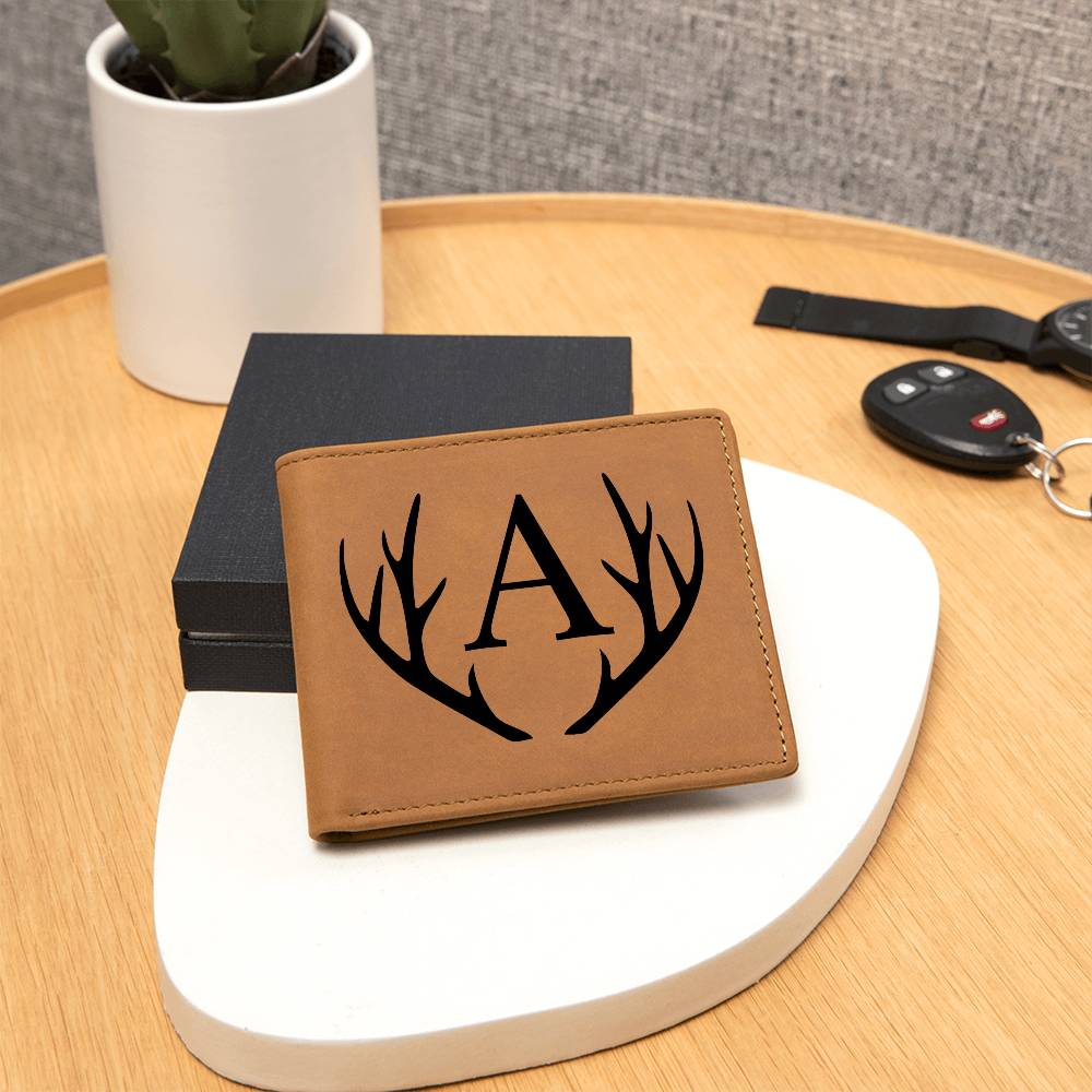 Wildlife Charm: Personalized Leather Wallet with Antler Accent and Printed Graphic Initial