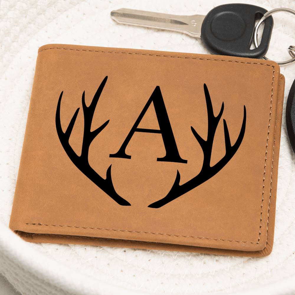 Wildlife Charm: Personalized Leather Wallet with Antler Accent and Printed Graphic Initial