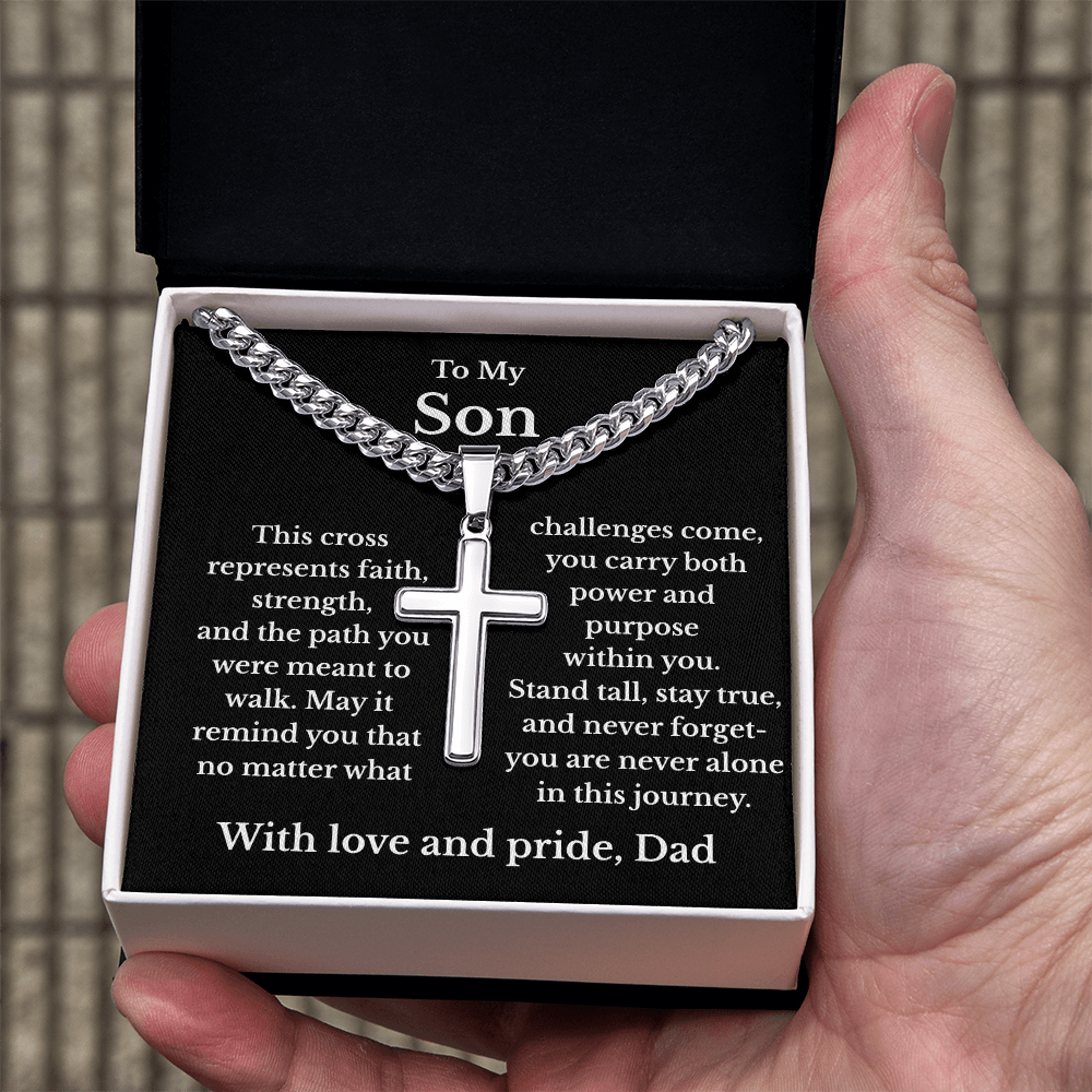 To My Son – Faith & Strength Cuban Link Cross Necklace