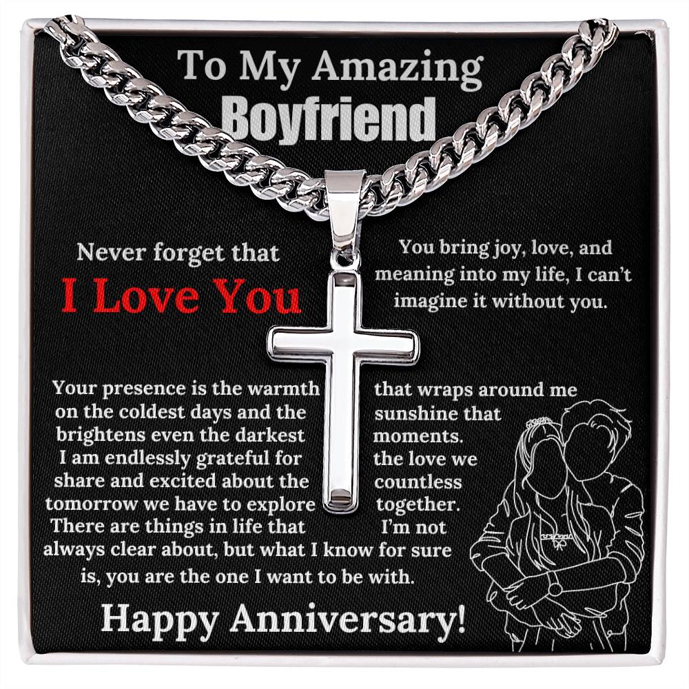 To My Amazing Boyfriend Cuban Chain with Artisan Cross Necklace Anniversary Gift