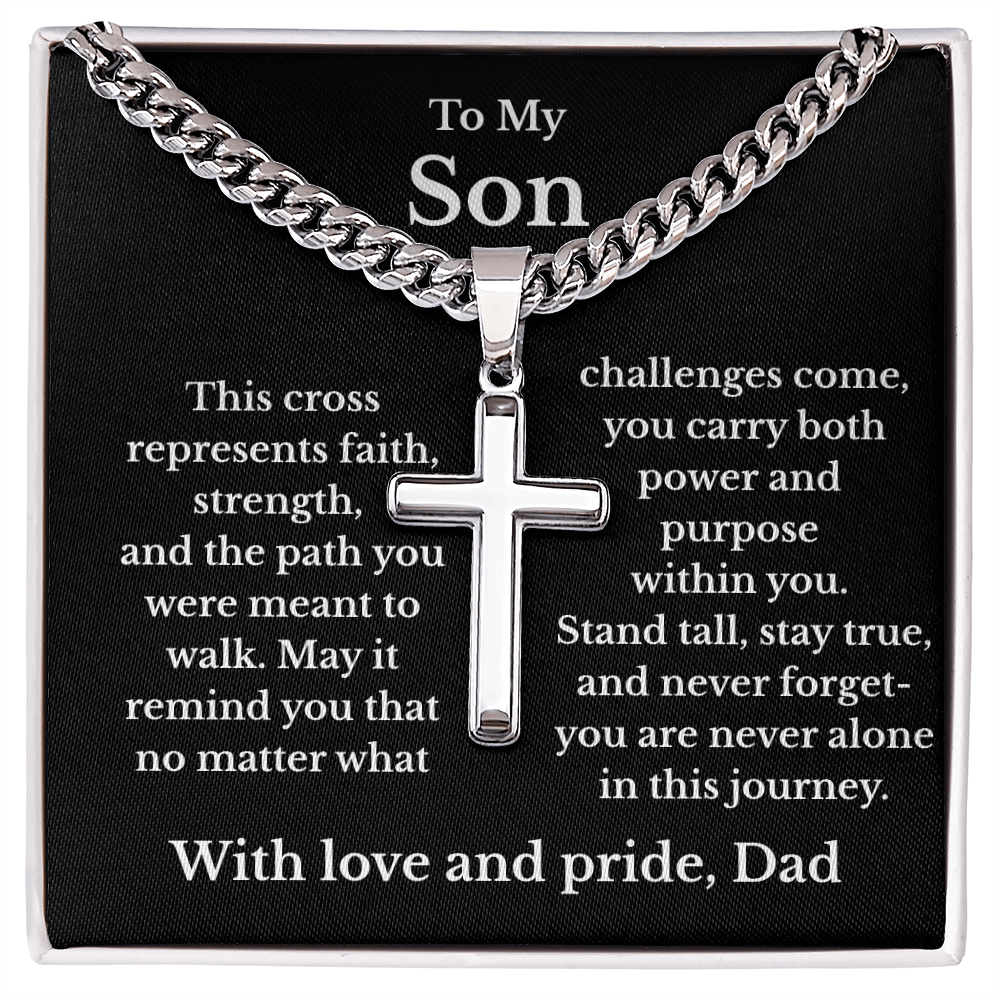 To My Son – Faith & Strength Cuban Link Cross Necklace