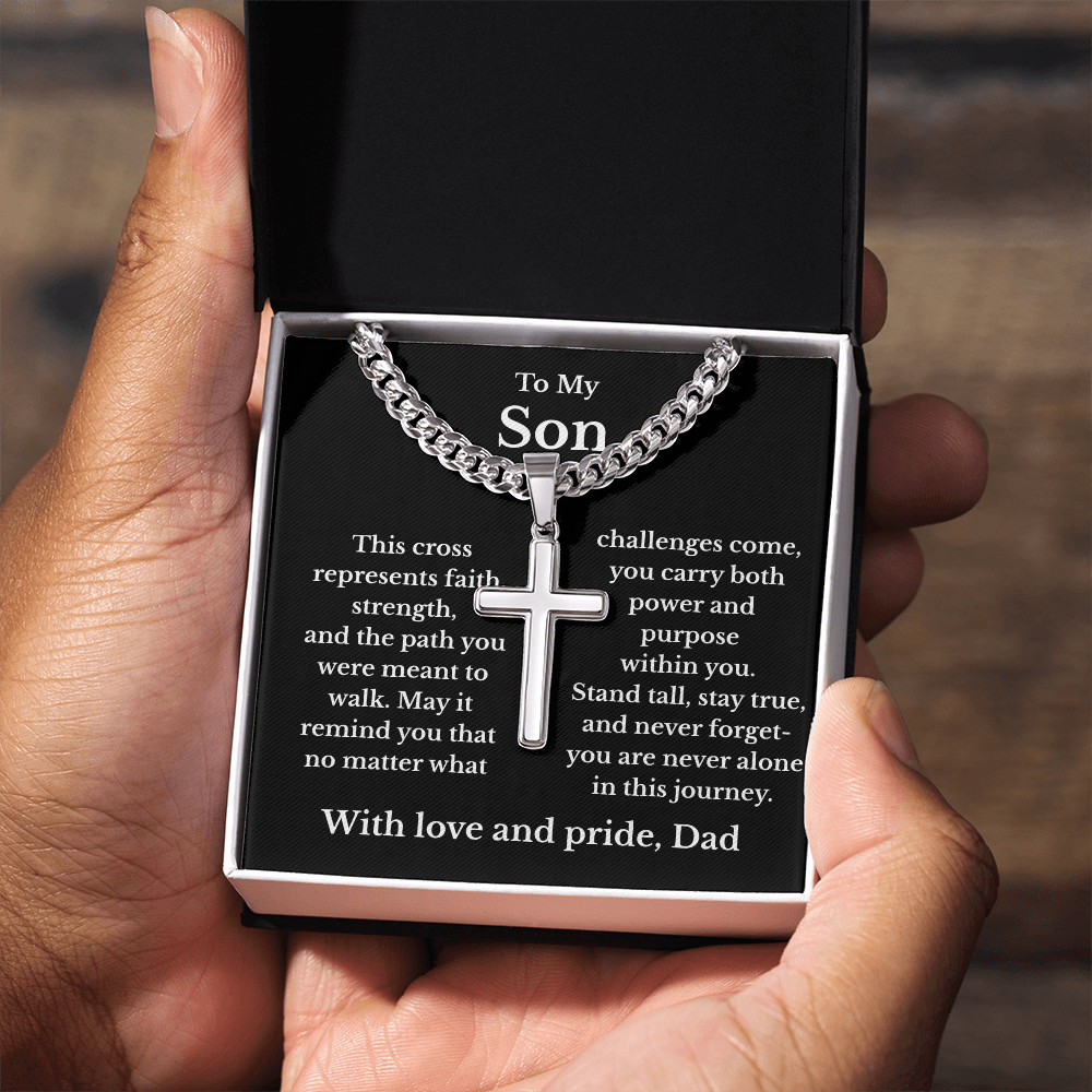 To My Son – Faith & Strength Cuban Link Cross Necklace