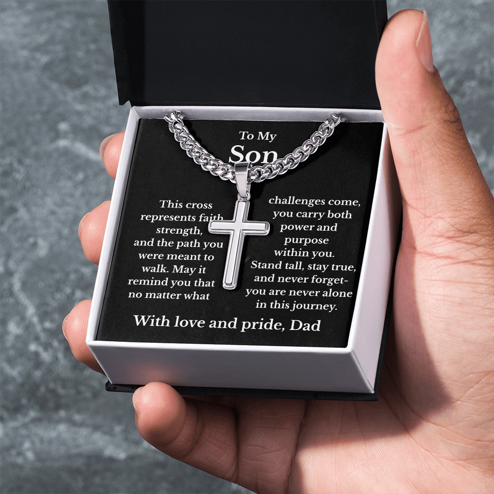 To My Son – Faith & Strength Cuban Link Cross Necklace