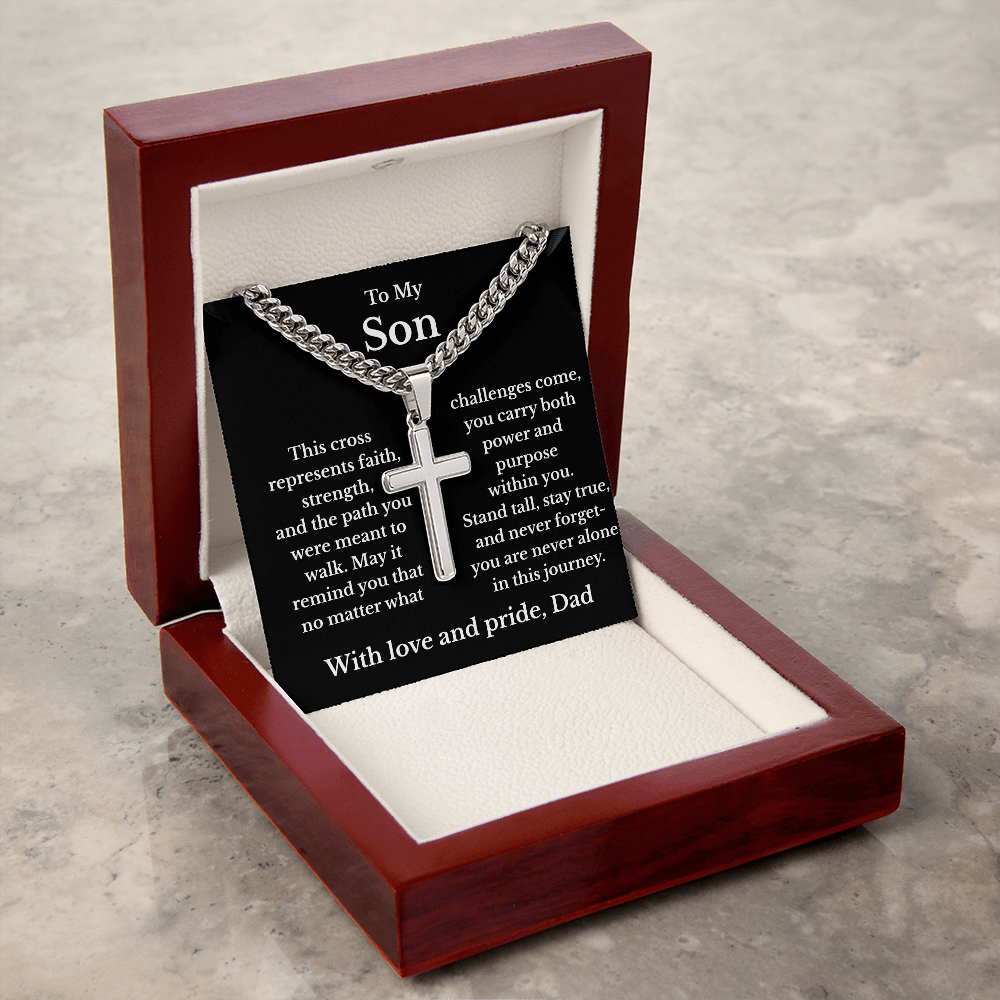 To My Son – Faith & Strength Cuban Link Cross Necklace