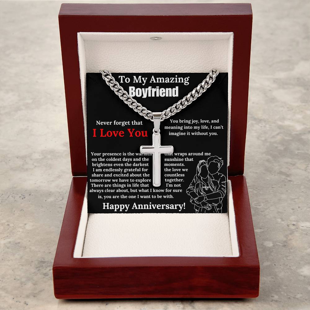 To My Amazing Boyfriend Cuban Chain with Artisan Cross Necklace Anniversary Gift